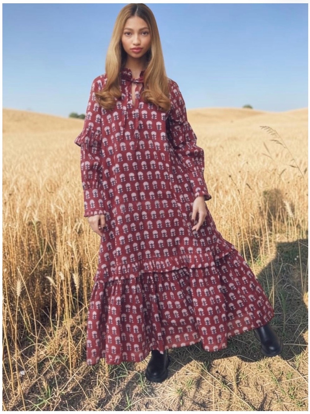 Ophelia & Indigo Sophia Dress Burgundy Hydrangea S Cottagecore Prairie Boho